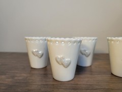 White Porcelain Wedding Favor Cups with Hearts and Bells Lot of 7