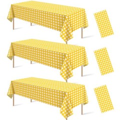 3 Pcs Yellow Gingham Tablecloth Decorations, Disposable Plastic Yellow Checkered