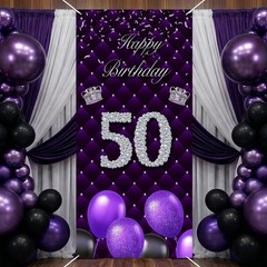 Happy 50th Birthday Purple Banner Backdrop Photo Booth Props Balloons Silver …