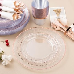 350PCS Clear Plastic Plates with Trim for 50 Guests, 50 Guests Set Rose Gold