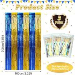3 Pack 3.3Ft x 6.6Ft Graduation Foil Fringe Curtain Backdrop Blue Gold