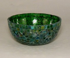 Compote Bowl Vase Green Mosaic on Glass Centerpiece 6″D 2.5″H Set/2 FREE SHIPING