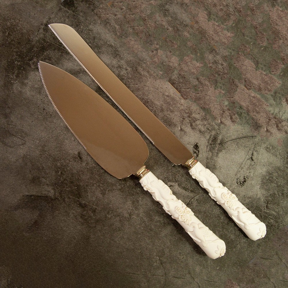 Vintage Sheffield England Bridal Wedding Cake Knife & Server Set Dove Rose