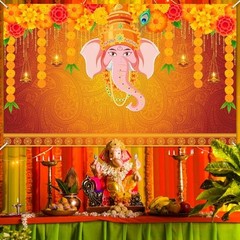 Indian Pooja Traditional Backdrop Indian Religious Festival Marigold 6×3.6ft
