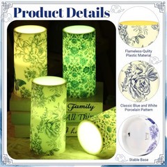 4 Pcs Flameless Pillar Candles LED Blue and White Porcelain Chinoiserie