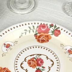 25 IVORY 9″ Paper Round Plates with Vintage Rose Flower Print Wedding Events
