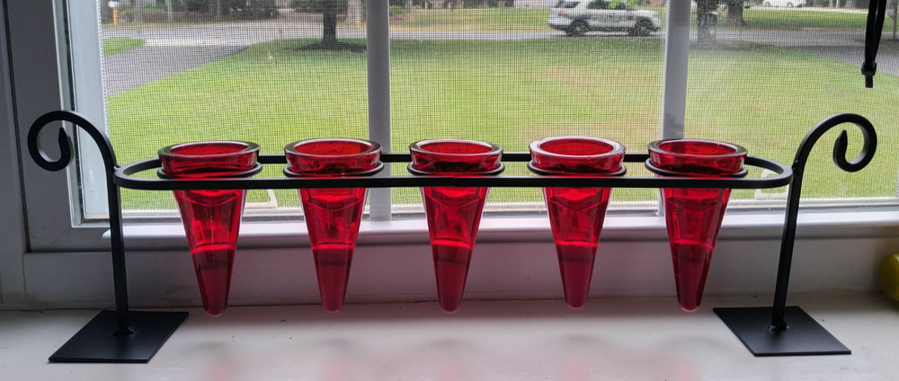 Red Glass Votive Candle Holder Set of 5 w Black Metal Stand Centerpiece