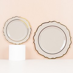 8″ Taupe Round Dessert Plates With Gold Scalloped Rim Party Wedding Tableware