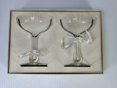 VTG MCM Engraved BRIDE GROOM Glasses Hollow Stem Champagne Coupes 1967 In Box