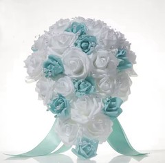 Artificial White and Blue Rose Wedding Bouquet Foam Polyester Arrangement