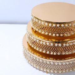 3 Gold Pearl Beaded Metal Cake Stands Mirror Top Party Event Decoration Supplies