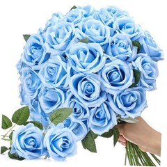 Thiccywoov 30 Pcs Rose Artificial Flowers in Bulk Lifelike Long Stem Light Blue