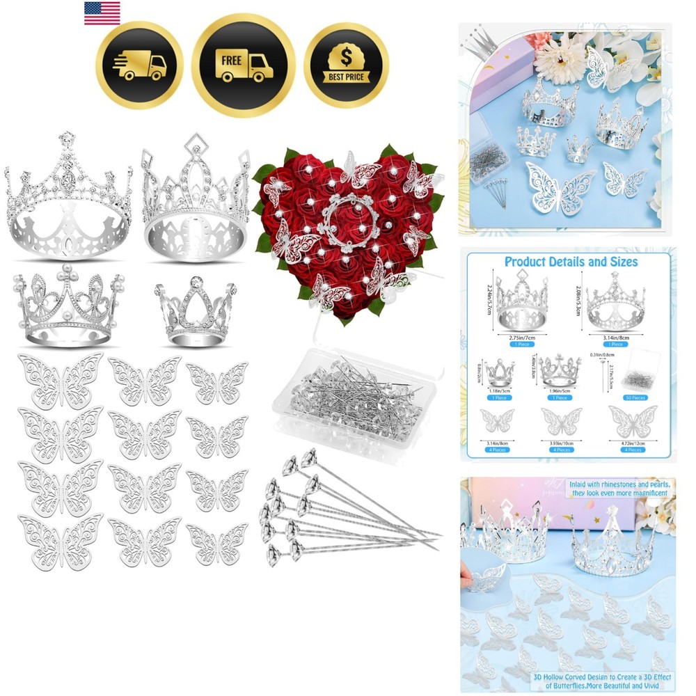 Flower Bouquet Accessories Silver Crowns Butterfly Decorations Pins Set