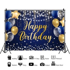 7x5ft Happy Birthday Decorations Backdrop Banner, Glitter Birthday Backdrop S…