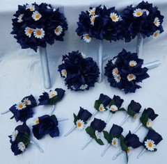 18 Pc. Wedding Bouquet Package, Navy Blue Roses, White Daisies, Wedding Bouquet