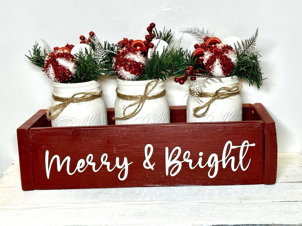 Christmas Table Centerpiece Rustic Mason Jar Decor with Wood Box And Sprigs