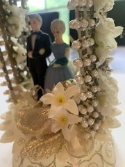 Vintage 1950s Wedding Anniversary Cake Topper Couple in Arch Bells Blue Dress