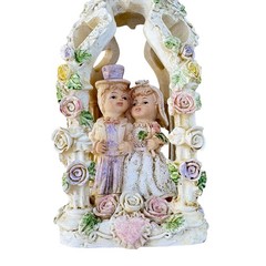 Wedding Cake Topper Bride & Groom 6”Roses Doves Hearts White Pink Purple Green