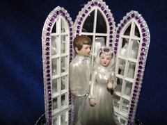 New Chapel Church Mirrored Windows Cake topper with Bride & Groom & Purple Decor