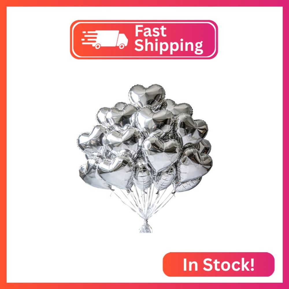 30 pcs Silver Heart Balloons 18″ a bunch of Heart Love Foil Helium Balloons, Hel