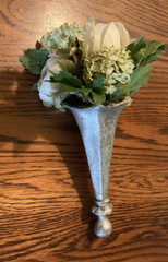 Hand Held Pewter Metal Bridal Bouquet Cone Holder W/Artificial Flowers