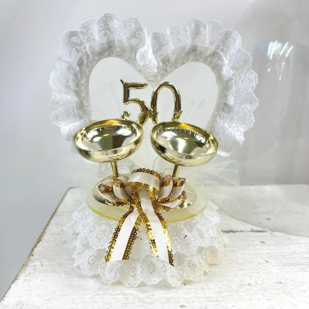 Vintage 50th Wedding Anniversary Cake Topper with Gold Champagne Flutes Ribbons