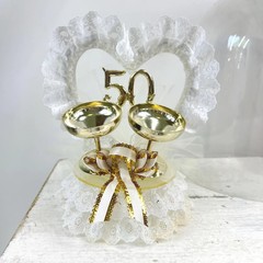 Vintage 50th Wedding Anniversary Cake Topper with Gold Champagne Flutes Ribbons
