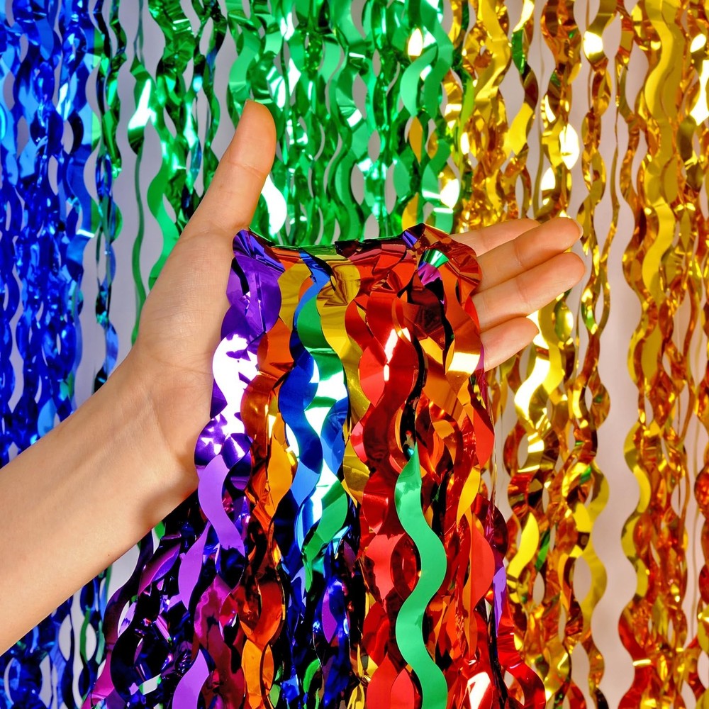 CYLMFC 3 Pack Rainbow Foil Curtains – 3.3×6.6ft Metallic Streamers Tinsel Cur…