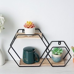 2 Tier Black Natural Hexagon Metal Wood Geometric Floating Shelf Decorations
