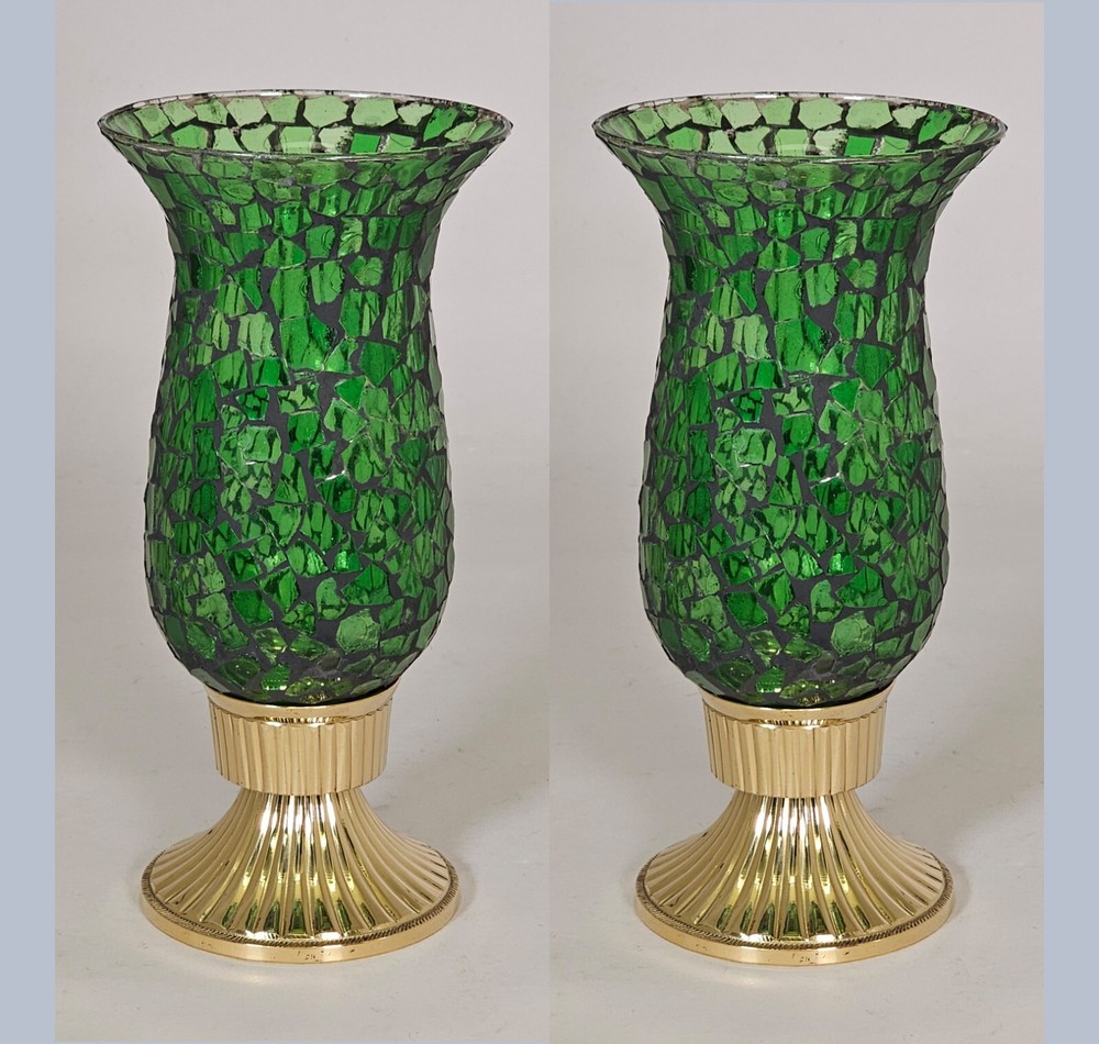 Candle Holder Brass with Green Mosaic Glass Shade 5″Dia 10″High Set of 2