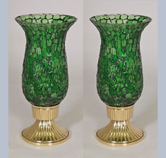 Candle Holder Brass with Green Mosaic Glass Shade 5″Dia 10″High Set of 2
