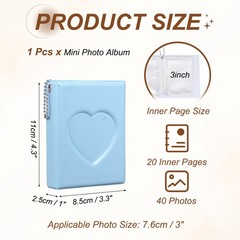 Mini Photocard Binder, 3″ Heart Hollow Photo Album with Keychain, Blue