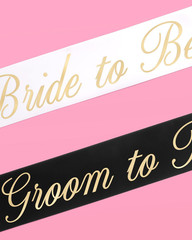 Bride and Groom Sash Duo 2 Pack | White and Black Satin, Gold Foil