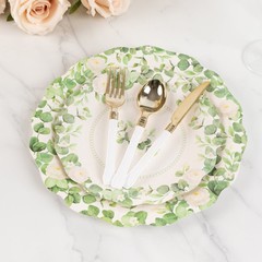 25 WHITE GREEN Floral Greenery Dessert Paper Plates with Scalloped Edge