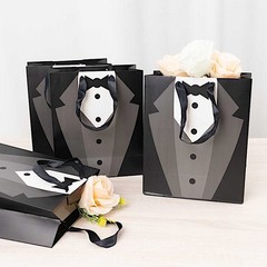 12 BLACK WHITE Tuxedo Paper Gift Tote BAGS Satin Handles Party Event Decorations