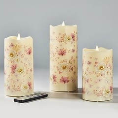 Fiber Optic Flameless Candles with Remote, Pink Floral Φ 3″ x H 5″ 6″ 7″