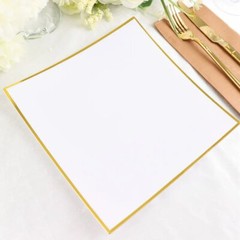 10 WHITE 10″ Square Concave Plastic Salad Dinner PLATES Gold Rim Party Events