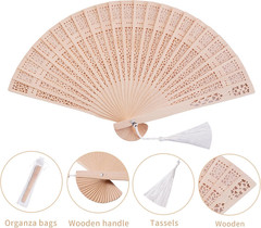 50 Set Sandalwood Fan Wooden Hand Fan Baby Shower Party Favors with Organza Bags