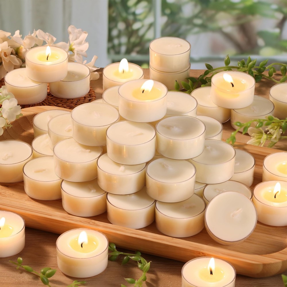 6 Hour Soy Tea Lights Candles 50 Pack, Unscented Long Burning 50 White