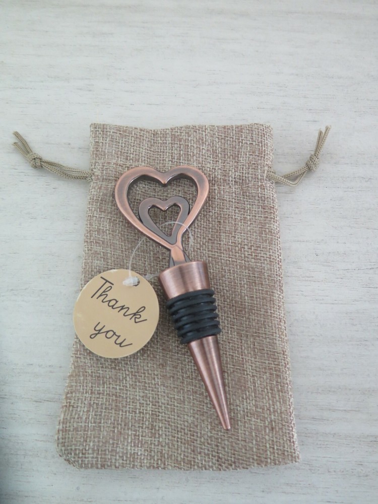 One Love, One Heart Copper Wine Bottle Stopper in Burlap Bag $25