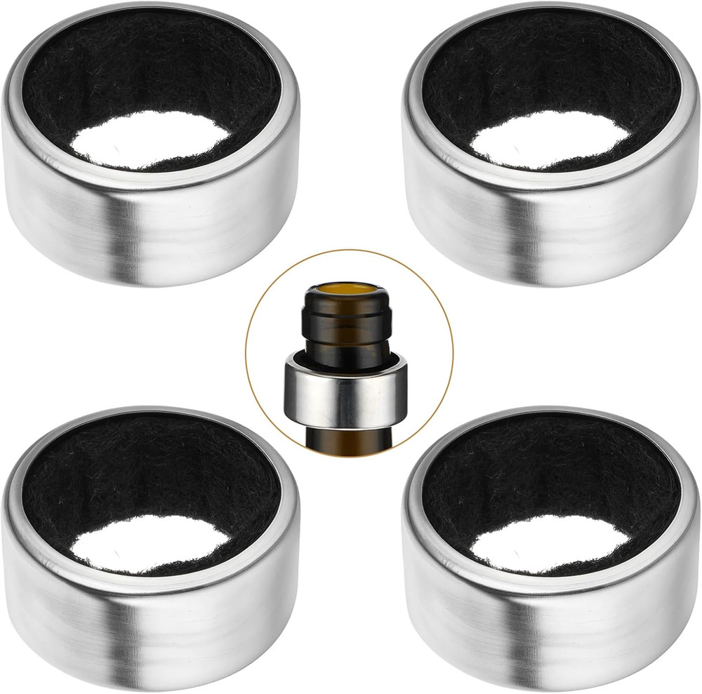 4 Pack Wine Bottle Drip Rings Stainless Steel with Felt Liners Reusable Stopper