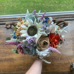 Beautiful Bridal Wedding Bouquet Budget Handmade Faux Floral Blue Orange Purple