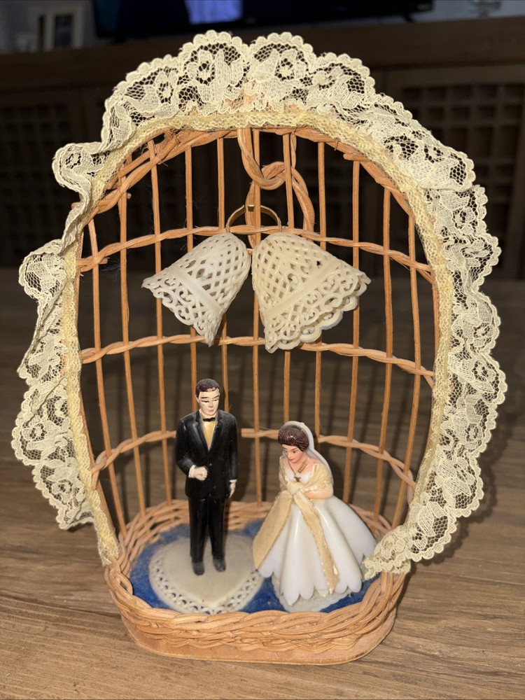 Bride & Groom Vintage Wedding Topper with a Bell and Arch Flowers Lace Tuxedo