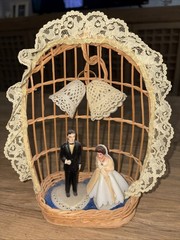 Bride & Groom Vintage Wedding Topper with a Bell and Arch Flowers Lace Tuxedo