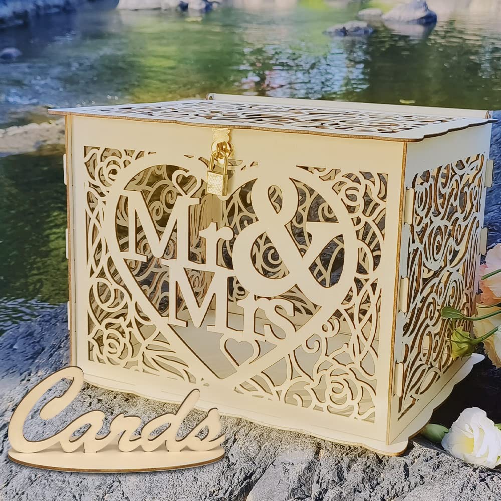 1 PCS Wooden Wedding Card Box With Lock Sign Mr Mrs Money Gift Post Case
