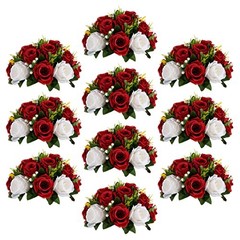 Red Fake Flowers for Wedding Centerpiece Kissing 10 Pieces Crimson Red & White