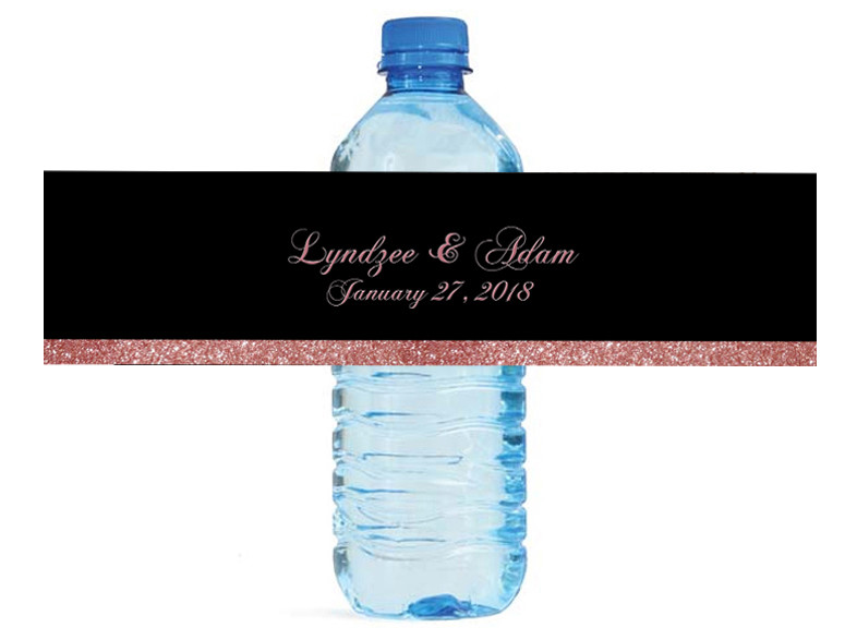 Black and Rose Gold Glitter Wedding Anniversary Engagement Water Bottle Labels