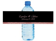 Black and Rose Gold Glitter Wedding Anniversary Engagement Water Bottle Labels