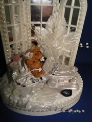 New Chapel Mirror Windows Wedding Caketop with Teddy Bear Couple White Car #192