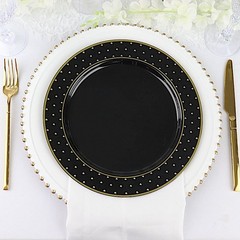 10 BLACK 10″ Round Plastic Salad PLATES GOLD 3D Dotted Rim Events Decorations